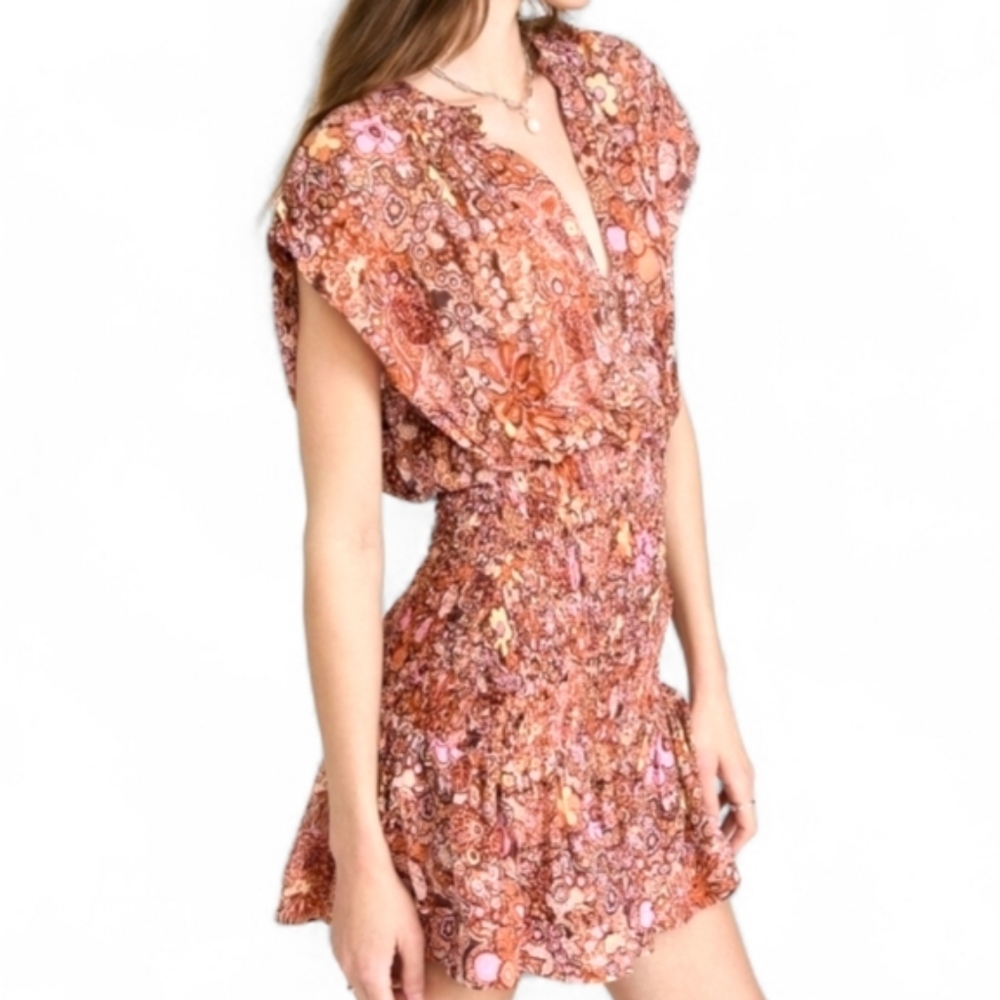 A.L.C. Carly Smocked Floral Print 100% Silk Mini Dress Size 8